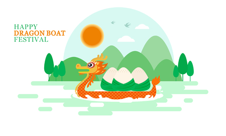 Chinese traditional festival - Dragon Boat Festival illustration, dragon boat and rice dumpling illustrationのイラスト素材