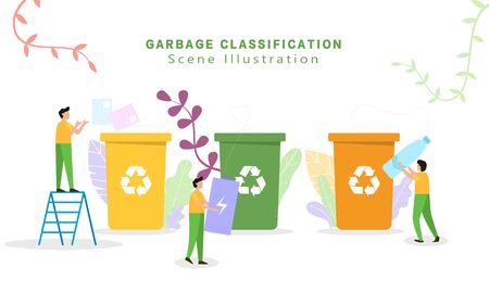 Garbage sorting and garbage collection - People throw garbage in containers. Sorting Garbage Waste. Plastic, paper, organic. Environmental protectionのイラスト素材