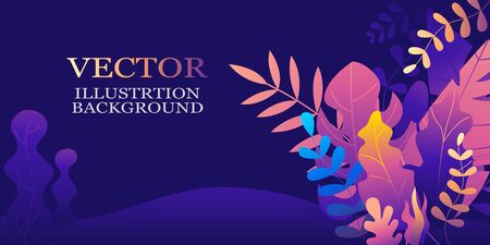Trendy flat lay style and vibrant gradient colors  of plants, leaves, trees and skyのイラスト素材