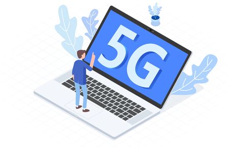 5G wireless network technology, computer axonometric drawing, tiny people standing on the computer, online office conceptのイラスト素材