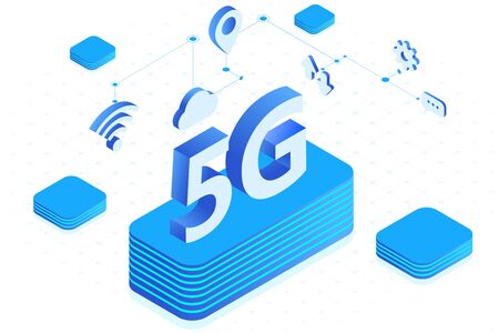 5G wireless network vector illustration, big letter 5G isometric, 5G network technology application, mobile internet concept.Web page template.のイラスト素材