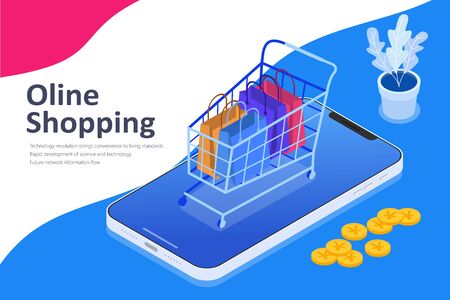 Online shopping isometric vector illustration, shopping cart on mobile phone, Flat vector illustration.のイラスト素材
