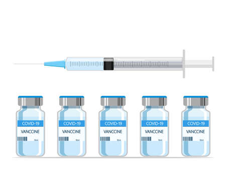 Covid-19 Coronavirus concept. yringe and blue vaccine vial, Health illustrationのイラスト素材
