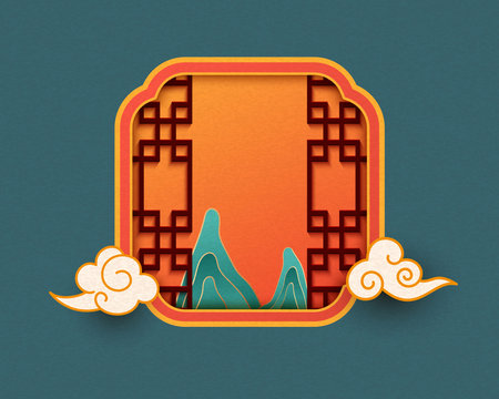 Chinese traditional window with a mountain range inside, Chinese traditional New Year vector illustration, auspicious cloud patternのイラスト素材