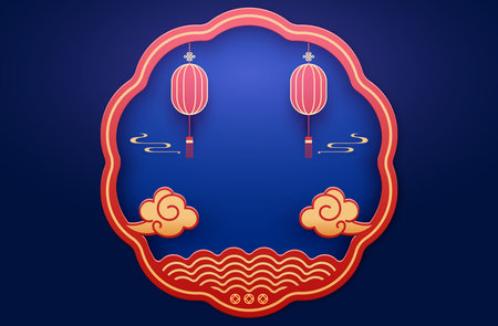 Chinese New Year poster, traditional shop window with lanterns and auspicious cloudsのイラスト素材