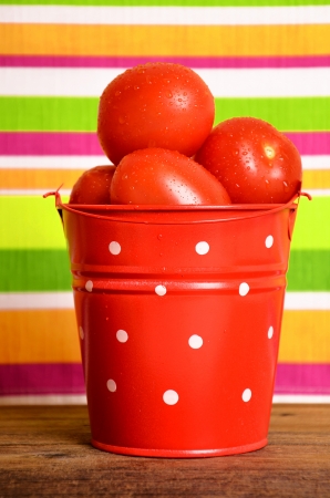 Red tomatoes in a bucketの写真素材