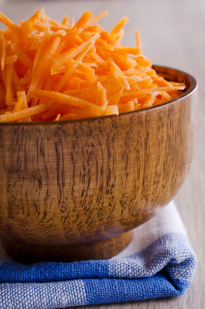 grated red carrots lying in a bowlの写真素材