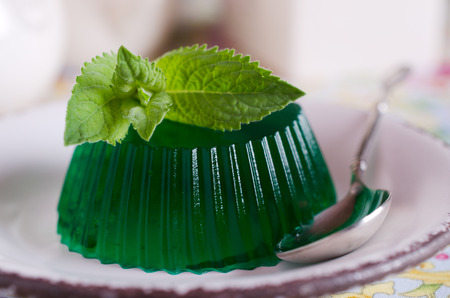 continental transparent green jelly with mint leavesの写真素材