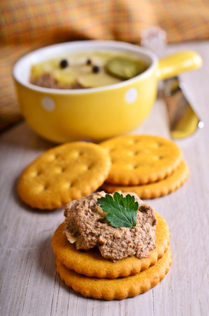 Sandwich with meat pate on a wooden boardの写真素材