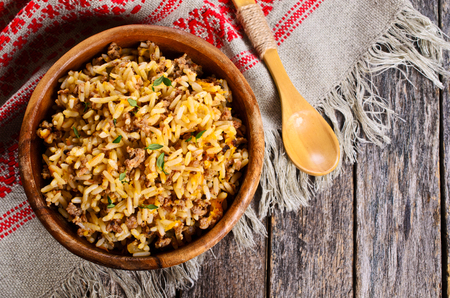 Rice cooked with minced meat and vegetables. Selective focus.の写真素材
