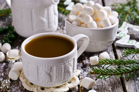 Hot drink with marshmallows on the wooden background with fir branchesの写真素材