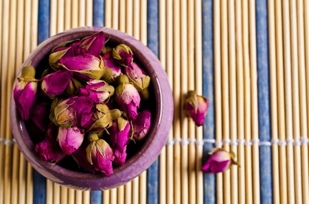 Dried rose bud, which are used for making tea. Selective focus.の写真素材