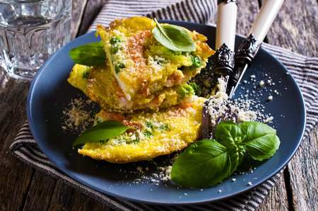 Omelet with shrimp and peas in a rustic style. Selective focus.の写真素材