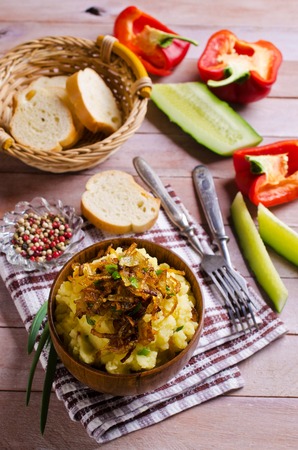 Homemade mashed potatoes with fried onions. Selective focus.の写真素材