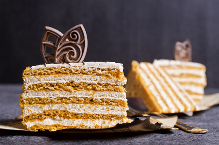 Slices of homemade cake from layers of cream and a dark background. Selective focus.の写真素材