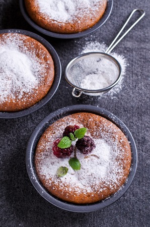 Sweet baked cake with icing sugar and berries on a dark background. Selective focus.の写真素材