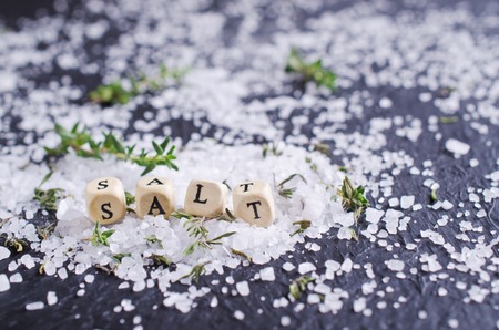 Cubes with letters with salt and thyme on a dark background. Selective focus.の写真素材