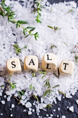 Cubes with letters with salt and thyme on a dark background. Selective focus.の写真素材