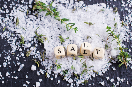 Cubes with letters with salt and thyme on a dark background. Selective focus.の写真素材