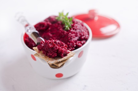 Sandwich with grated beets on a light background. Selective focus.の写真素材