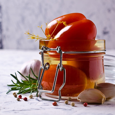 Homemade canned tomatoes in brine on the table. Selective focus.の写真素材
