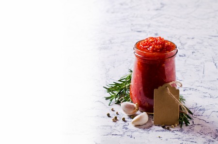 Homemade fresh salsa of tomato and pepper. Selective focus.の写真素材