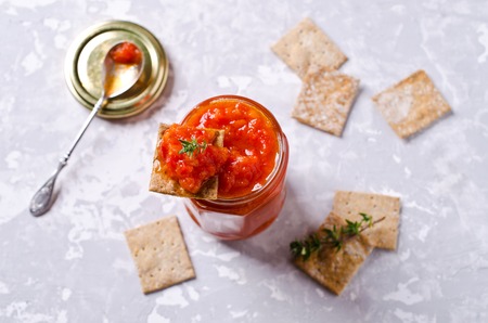 Homemade sauce of vegetables on the table. Selective focus.の写真素材
