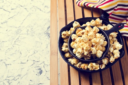 Homemade crunchy caramel popcorn ready for use. Selective focus.の写真素材