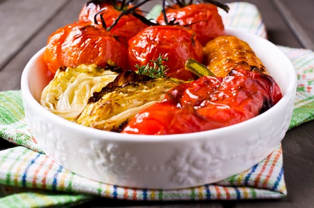 Mixed pieces of baked vegetables. Selective focus.の写真素材