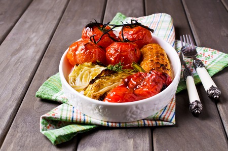 Mixed pieces of baked vegetables. Selective focus.の写真素材