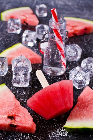 Homemade sorbet of watermelon on a dark background. Selective focus.の写真素材