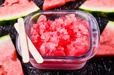 Homemade sorbet of watermelon on a dark background. Selective focus.の写真素材