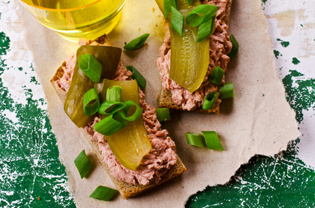 Sandwich with liver pate and pickles. Selective focus.の写真素材
