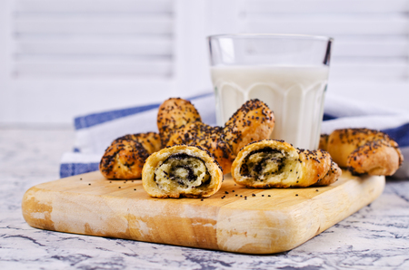Traditional crescent rolls with poppy seeds. Selective focus.の写真素材
