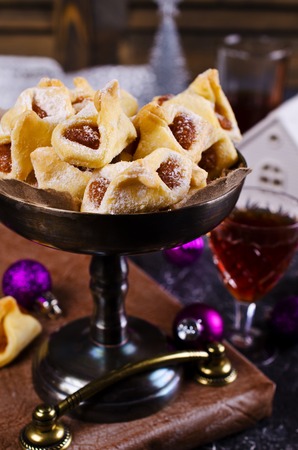 Homemade cookies from dough with jam. Selective focus.の写真素材