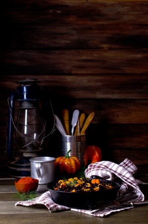 Black rice with pumpkin. Selective focus.の写真素材