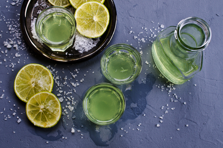 Strong drink on a dark background with salt and lime. Selective focus.の写真素材