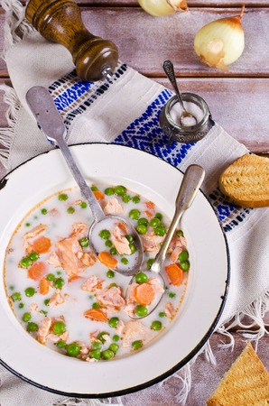 Fish soup with vegetables and cream. Selective focus.の写真素材