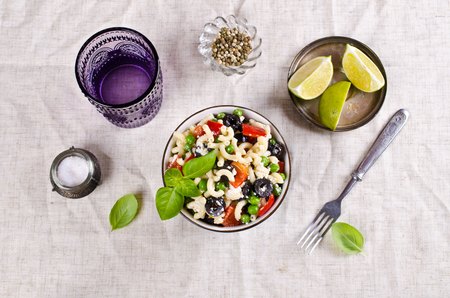 Salad with pasta, vegetables and ricotta. Selective focus.の写真素材