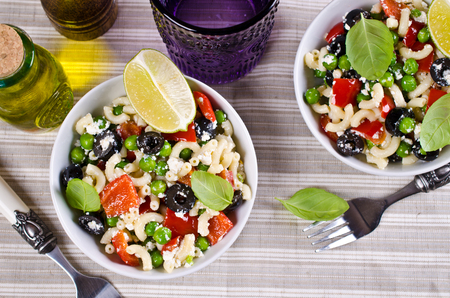 Salad with pasta, vegetables and ricotta. Selective focus.の写真素材