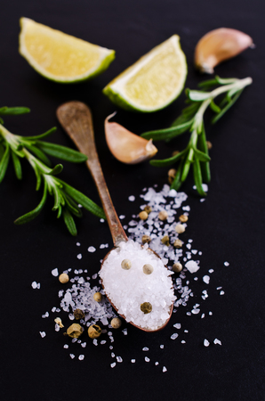 Large crystals of salt with spices on a dark background. Selective focus.の写真素材