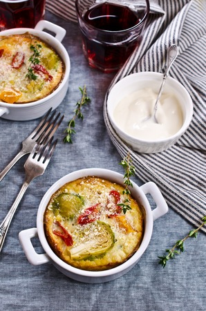 Casserole with vegetables on a textile background. Selective focus.の写真素材