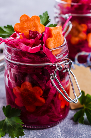 Homemade pickled vegetables with parsley. Selective focus.の写真素材
