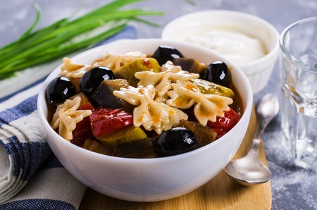 Soup with vegetables and pasta. Selective focus.の写真素材