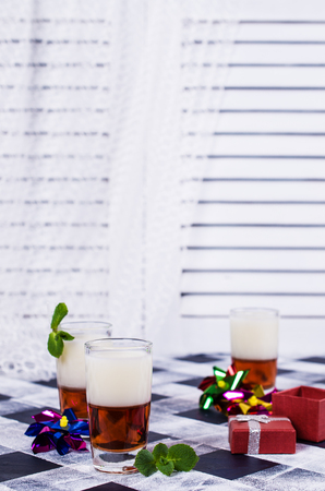 Two layer of liquid in a glass. Selective focus.の写真素材