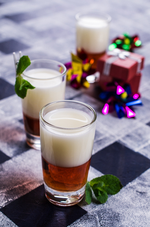 Two layer of liquid in a glass. Selective focus.の写真素材