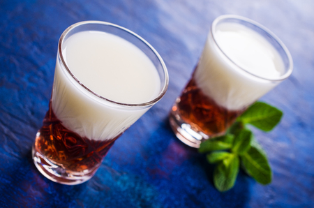 Two layer of liquid in a glass. Selective focus.の写真素材