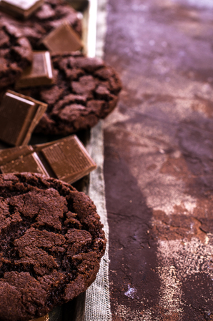 Round chocolate cookies with cracks. Selective focus.の写真素材