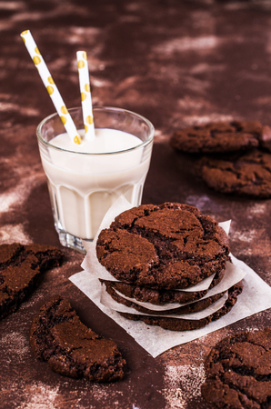 Round chocolate cookies with cracks. Selective focus.の写真素材