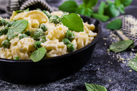 Pasta galletti with green peas and bechamel sauce. Selective focus.の写真素材